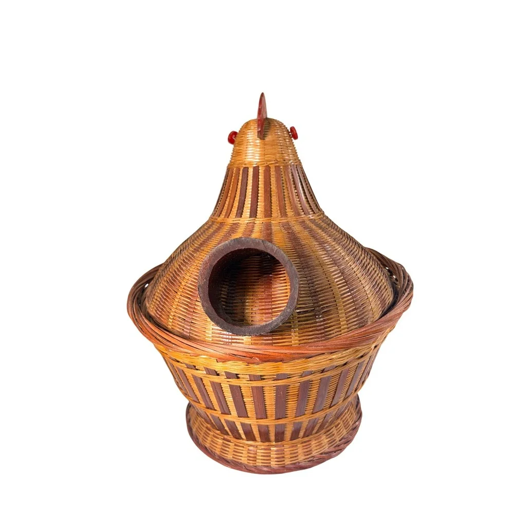 Vintage Woven Bamboo Hen on Nest Chicken Basket Farmhouse Decor Brown 2 Piece